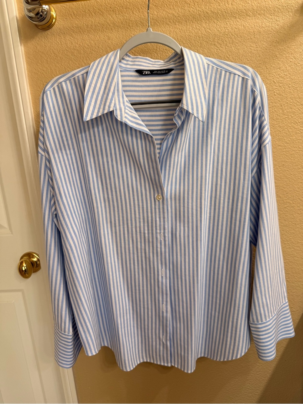 Zara Blue and White Striped Button-Up Shirt